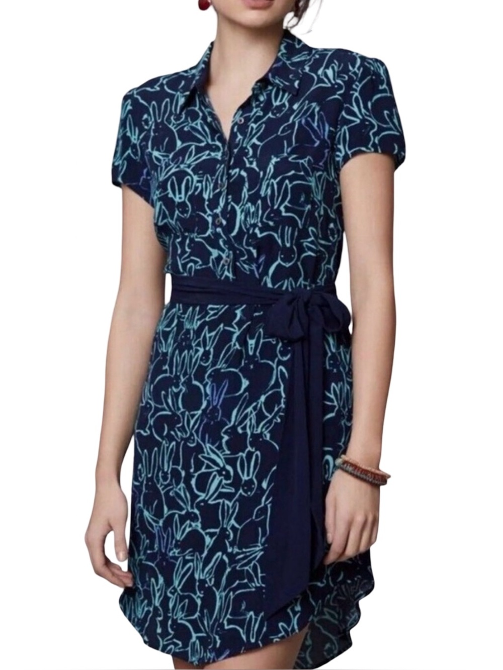 Anthropologie Franziska Bunny Print Belted Shirt Dress